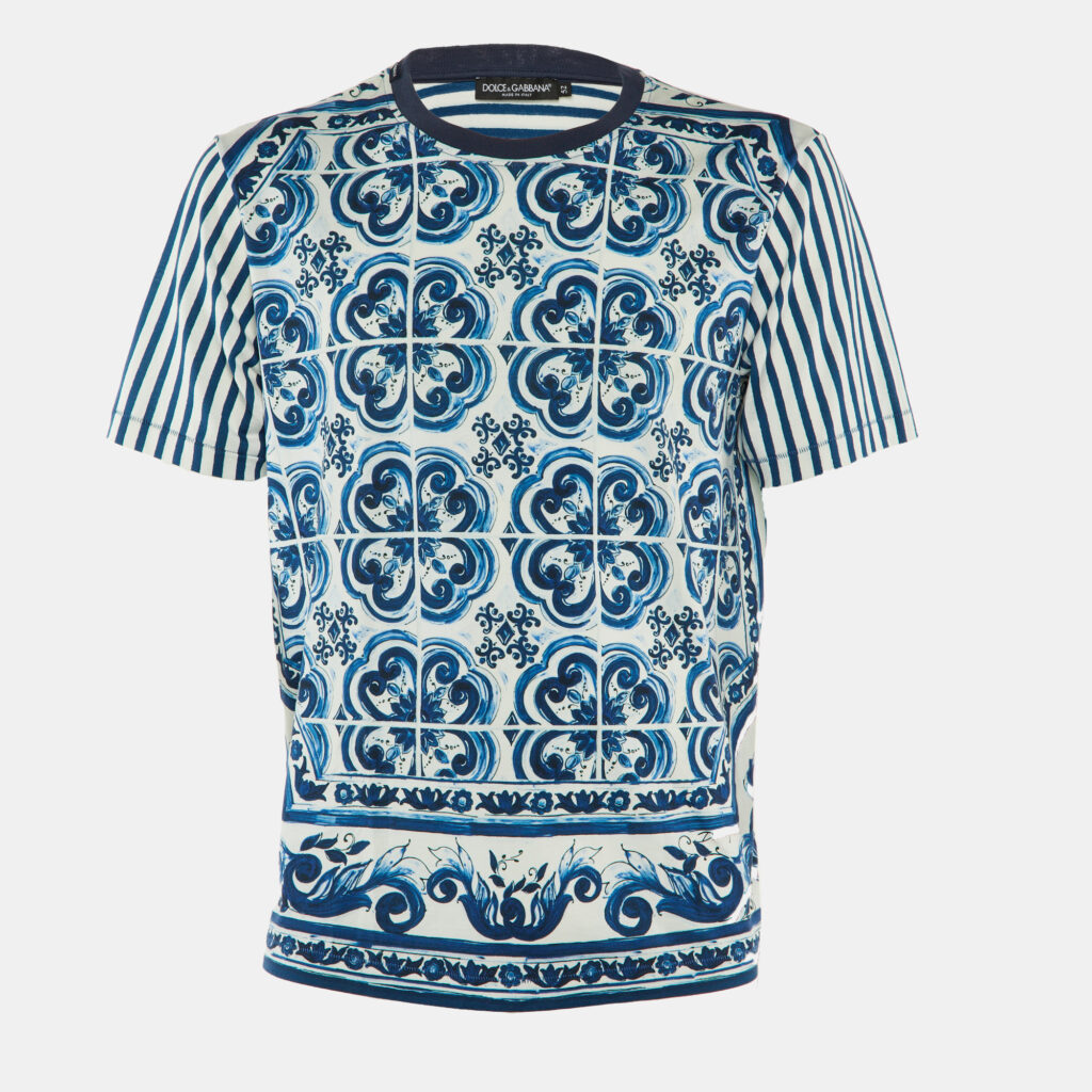 Dolce & Gabbana White Stripe Majolica Print Cotton Crewneck T-Shirt XL Dolce & Gabbana White Stripe Majolica Print Cotton Crewneck T-Shirt XL