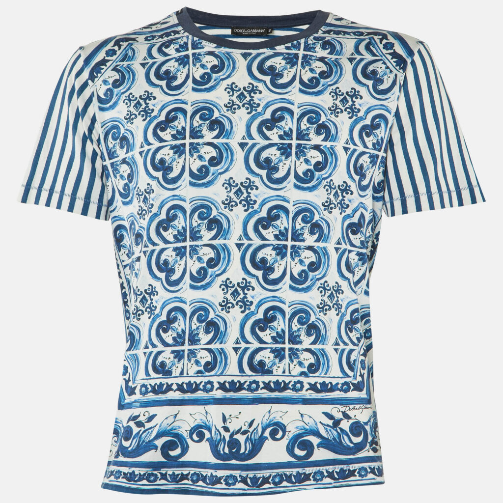 Dolce & Gabbana Blue Striped Majolica Print Cotton Crew Neck T-Shirt S