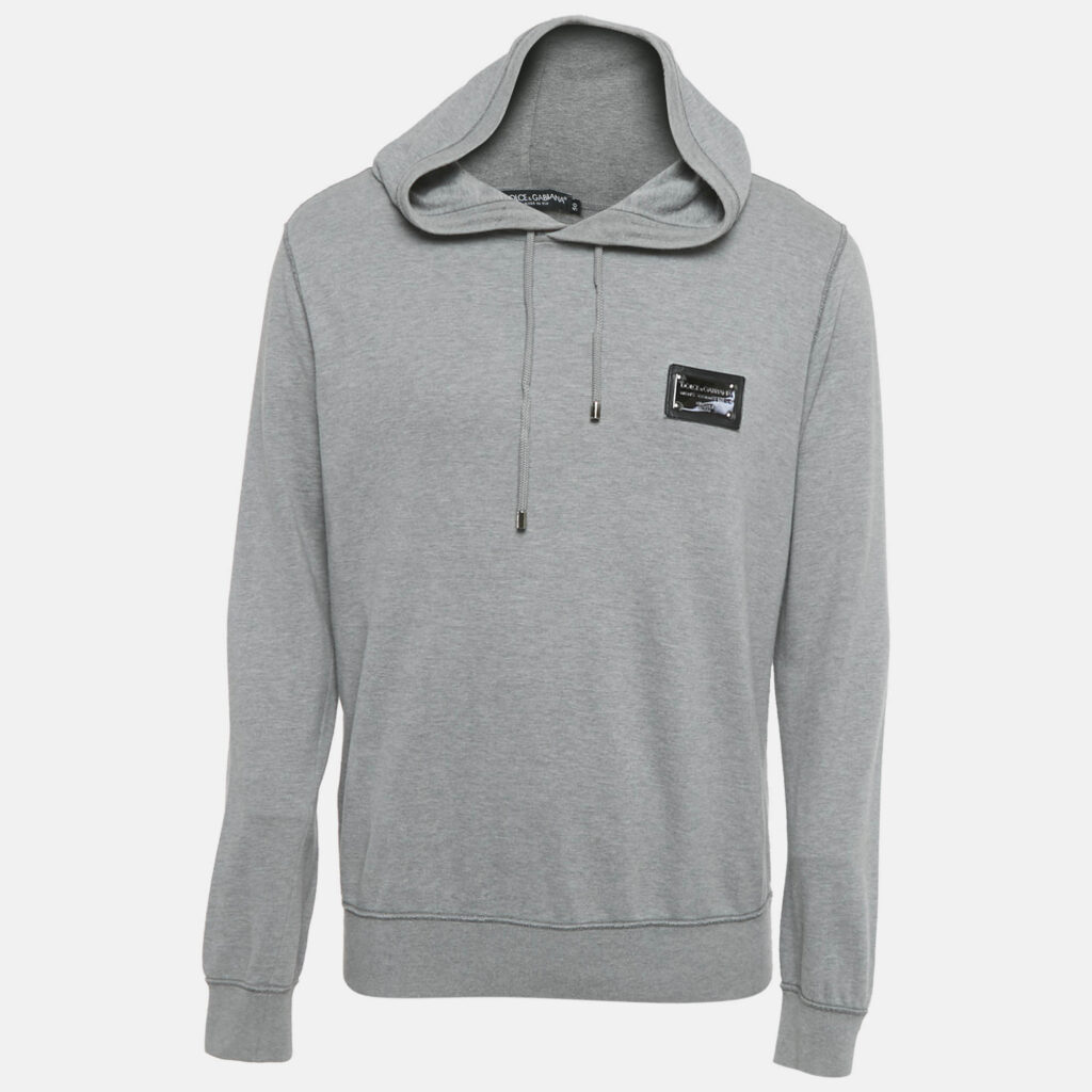 Dolce & Gabbana Grey Cotton Logo Plaque Detail Hoodie L Dolce & Gabbana Grey Cotton Logo Plaque Detail Hoodie L
