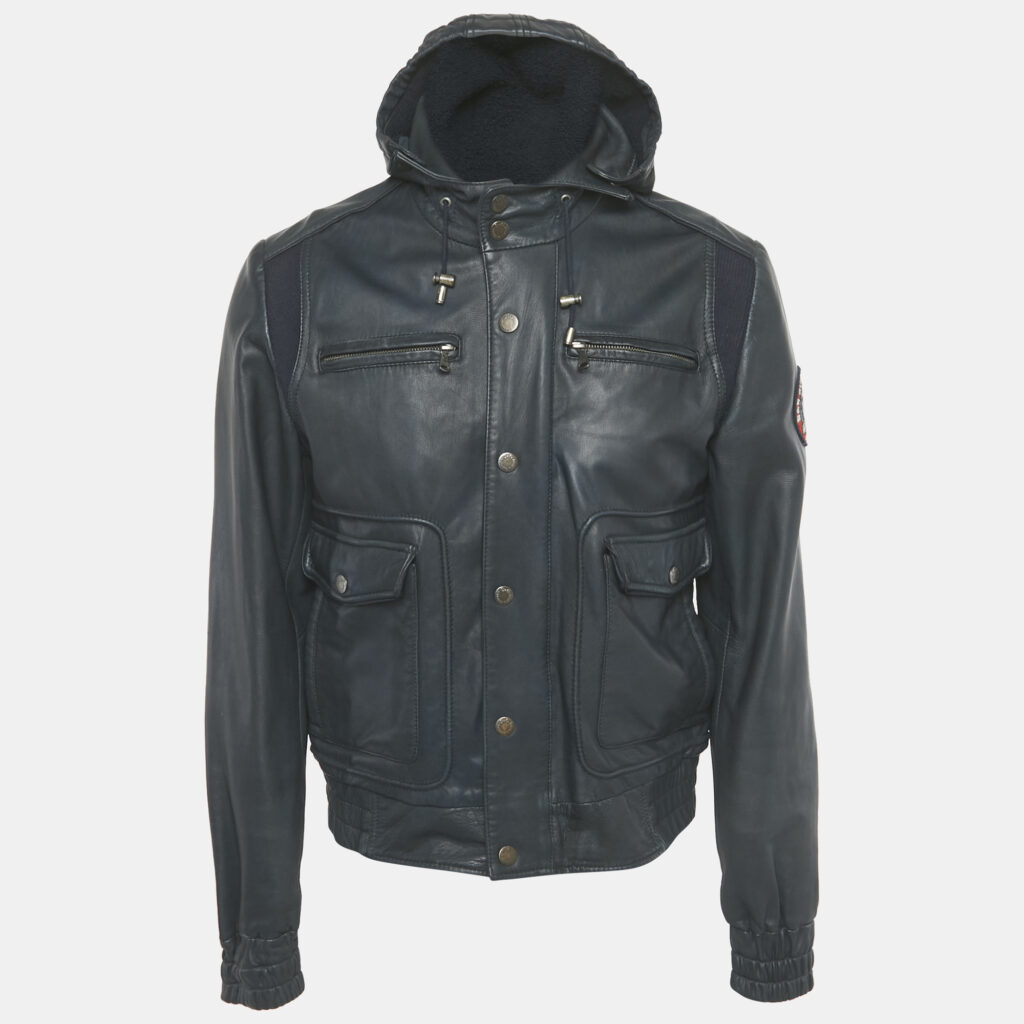 Dolce & Gabbana Navy Blue Applique Detail Leather Hooded Jacket L