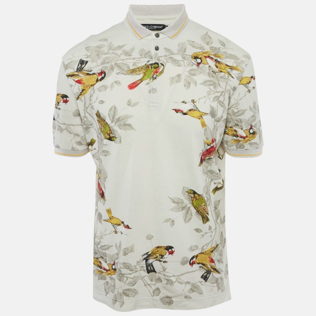 Dolce & Gabbana Light Grey Bird Print Cotton Pique Polo T-Shirt M Dolce & Gabbana Light Grey Bird Print Cotton Pique Polo T-Shirt M