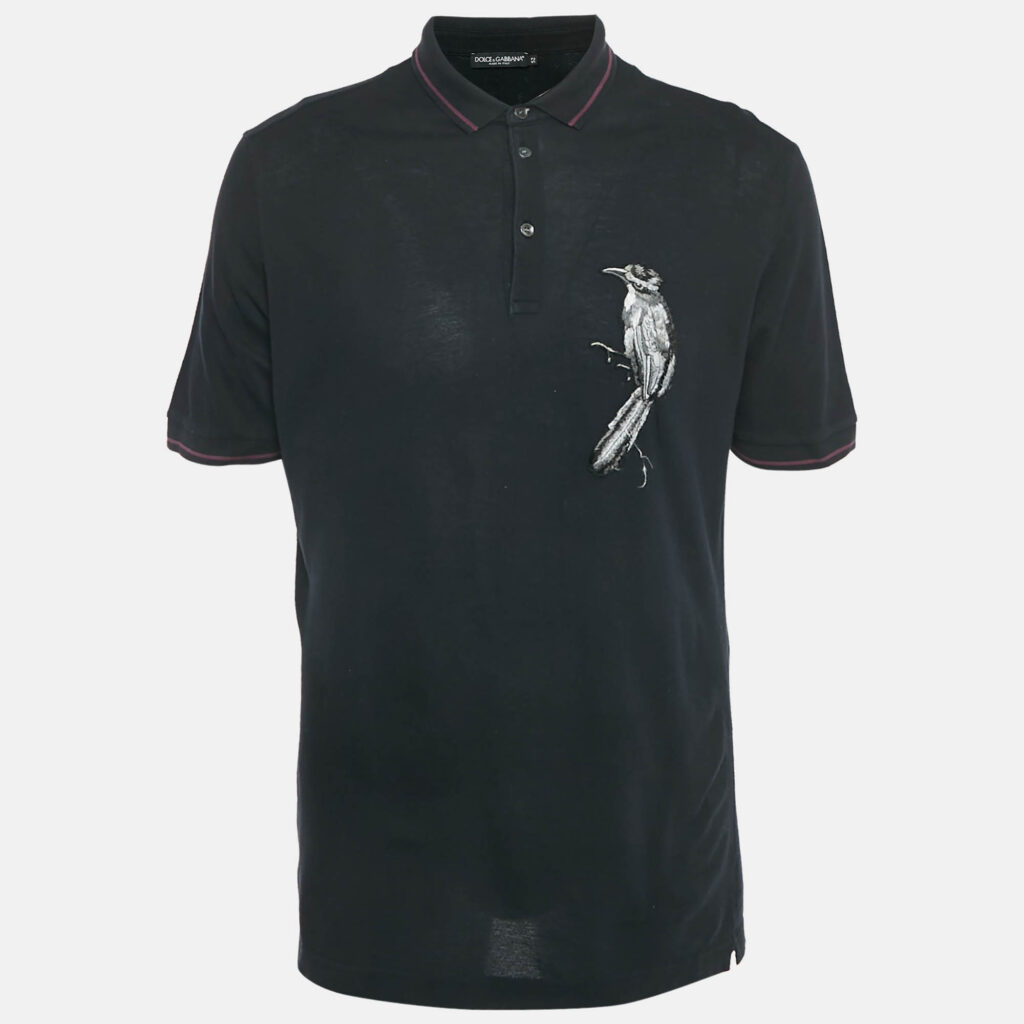 Dolce & Gabbana Black Bird Applique Cotton Pique Polo T-Shirt XL