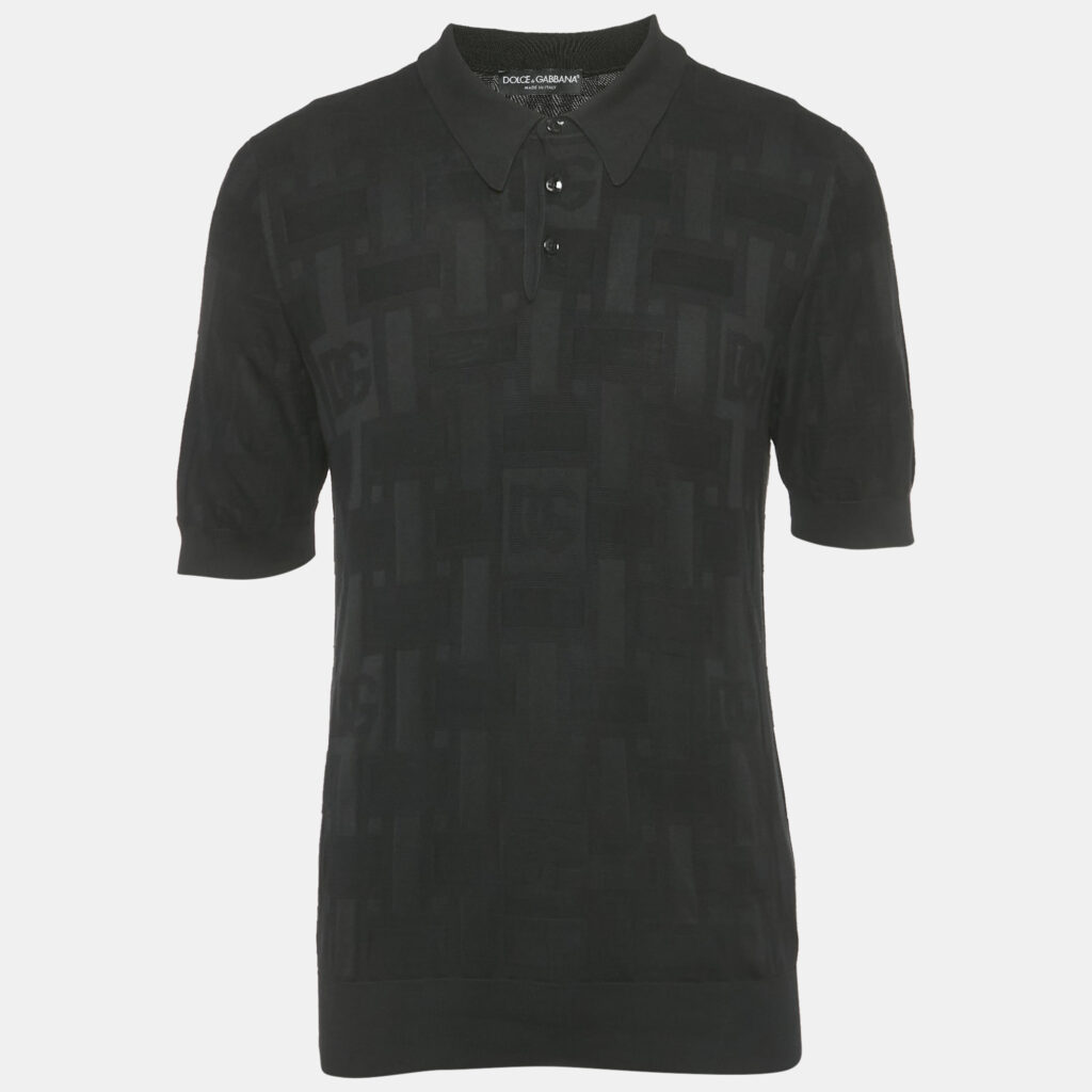 Dolce & Gabbana Black Patterned Silk Jersey Polo T-Shirt XL Dolce & Gabbana Black Patterned Silk Jersey Polo T-Shirt XL