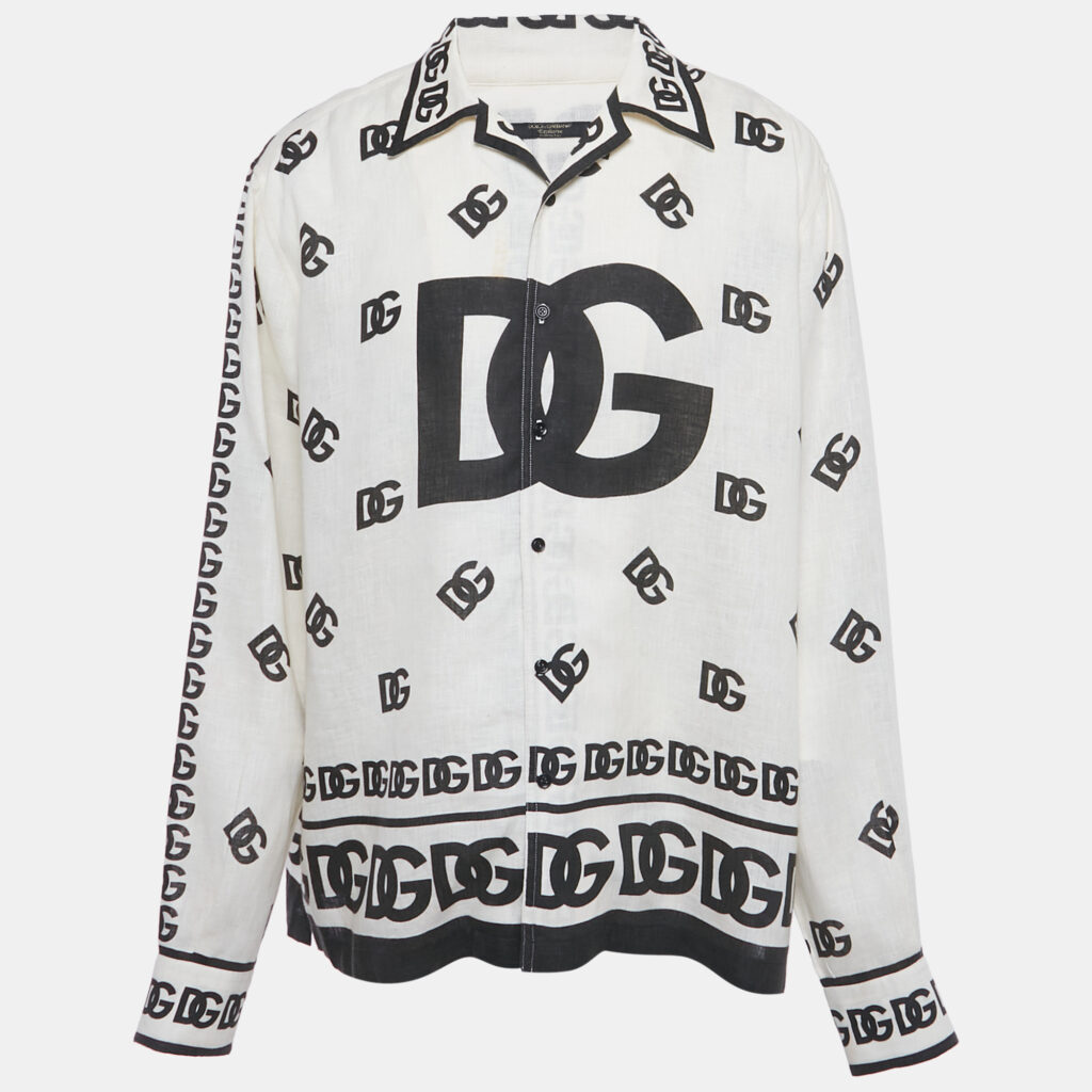 Dolce & Gabbana Off White Logo Print Linen Long Sleeve Shirt XS Dolce & Gabbana Off White Logo Print Linen Long Sleeve Shirt XS