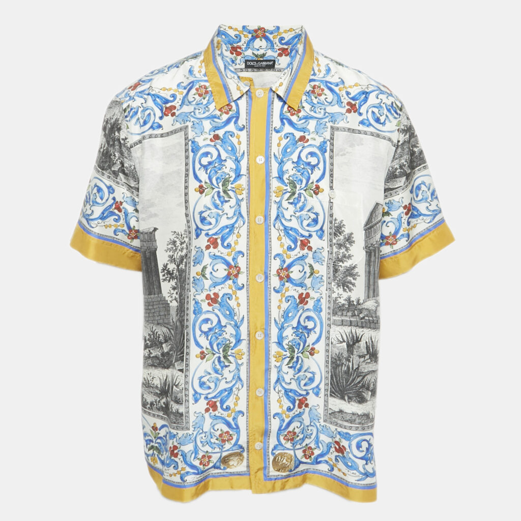 Dolce & Gabbana Blue Printed Silk Short Sleeve Shirt XL