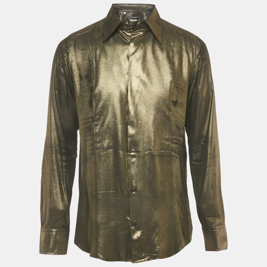 Dolce & Gabbana Gold Metallic Lamé Long Sleeve Shirt L Dolce & Gabbana Gold Metallic Lamé Long Sleeve Shirt L