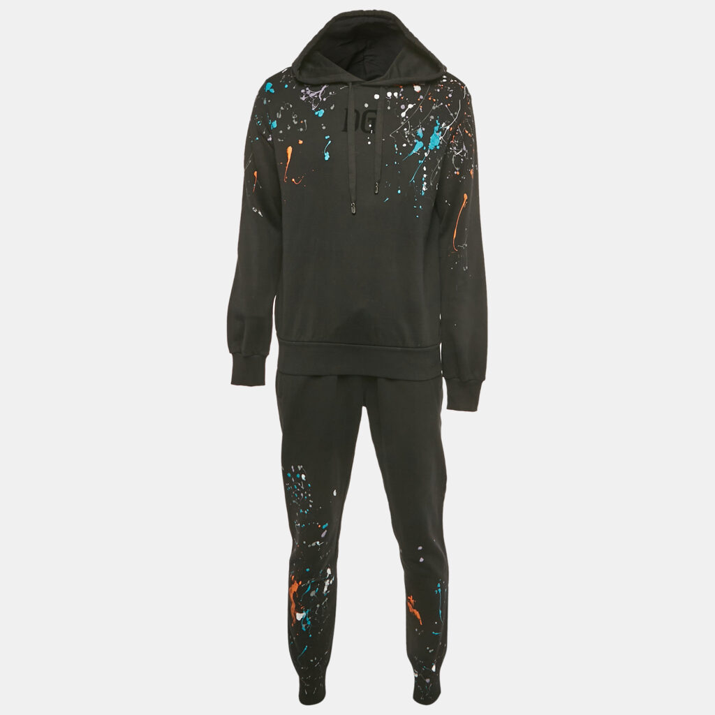 Dolce & Gabbana Black Color Drip Print Cotton Jogger Set M