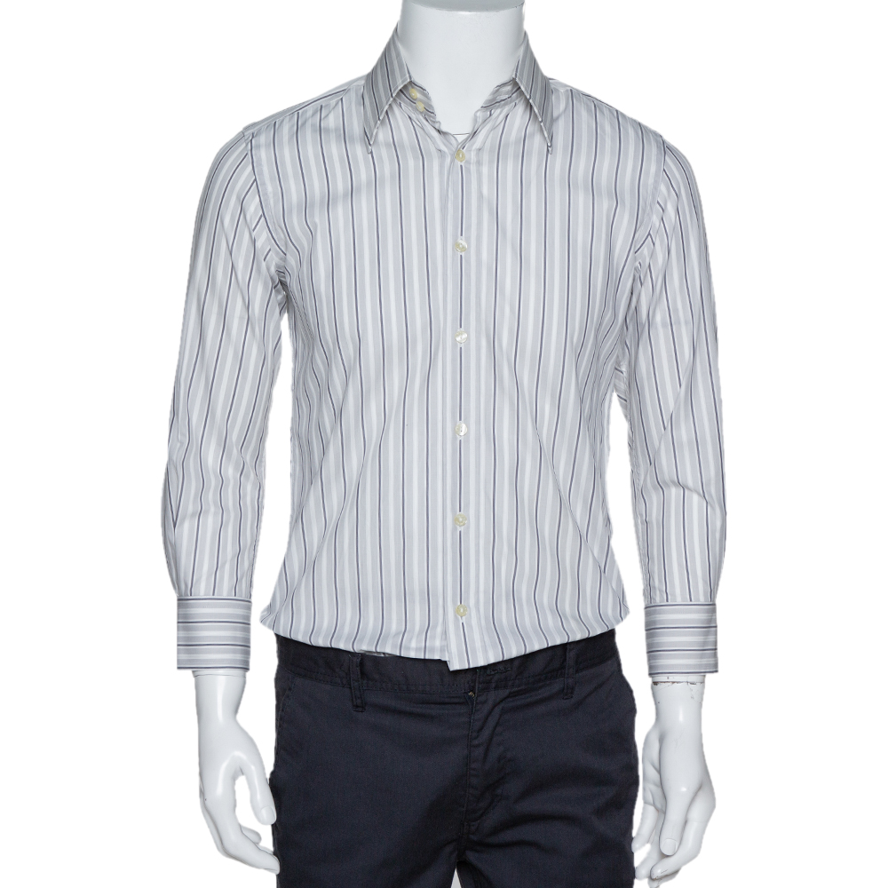 Dolce & Gabbana Pale Grey Striped Cotton Button Front Shirt S Dolce & Gabbana Pale Grey Striped Cotton Button Front Shirt S