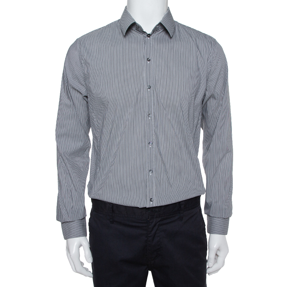Dolce & Gabbana Grey Striped Cotton Button Front Sicilia Shirt XL
