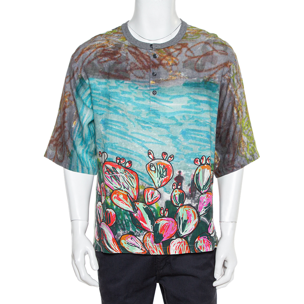 Dolce & Gabbana Multicolor Printed Linen Half Button Oversized T-Shirt XS