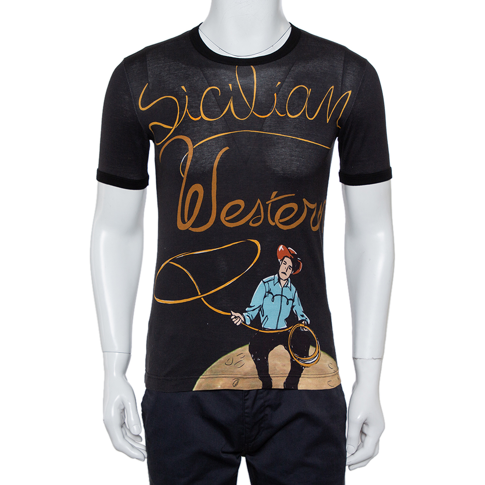 Dolce & Gabbana Black Sicilian Western Printed Cotton Crewneck T-Shirt XS Dolce & Gabbana Black Sicilian Western Printed Cotton Crewneck T-Shirt XS