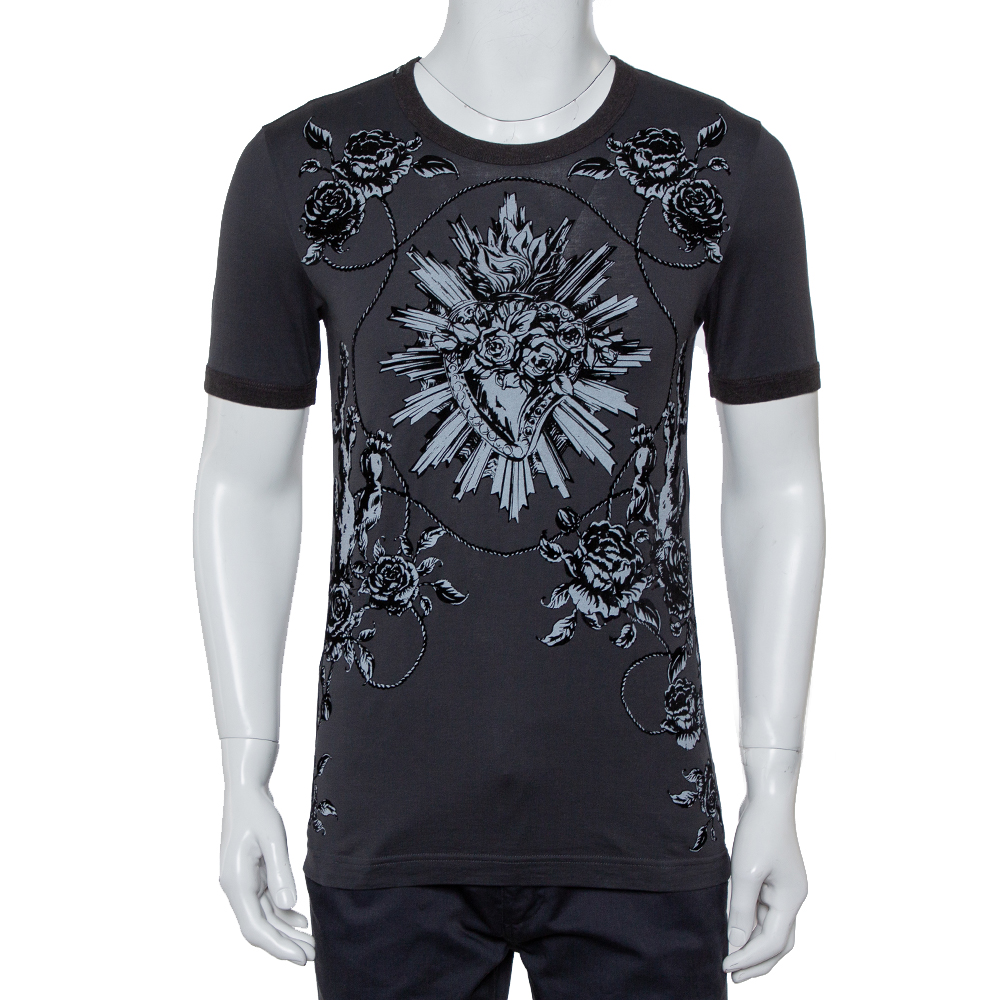 Dolce & Gabbana Grey Sacred Heart Flock Print Cotton T-Shirt XS Dolce & Gabbana Grey Sacred Heart Flock Print Cotton T-Shirt XS