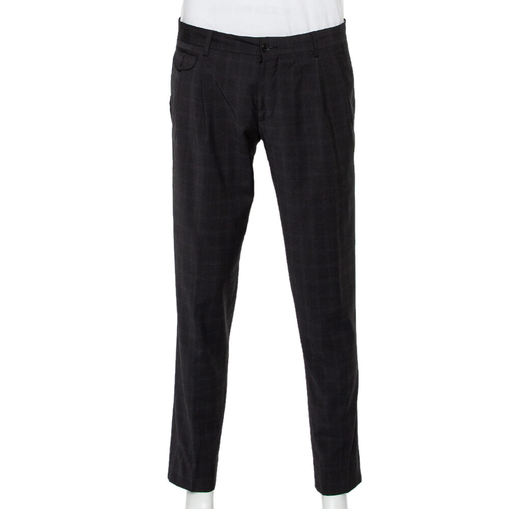 Dolce & Gabbana Charcoal Grey Checkered Wool Tapered Leg Pants L Dolce & Gabbana Charcoal Grey Checkered Wool Tapered Leg Pants L