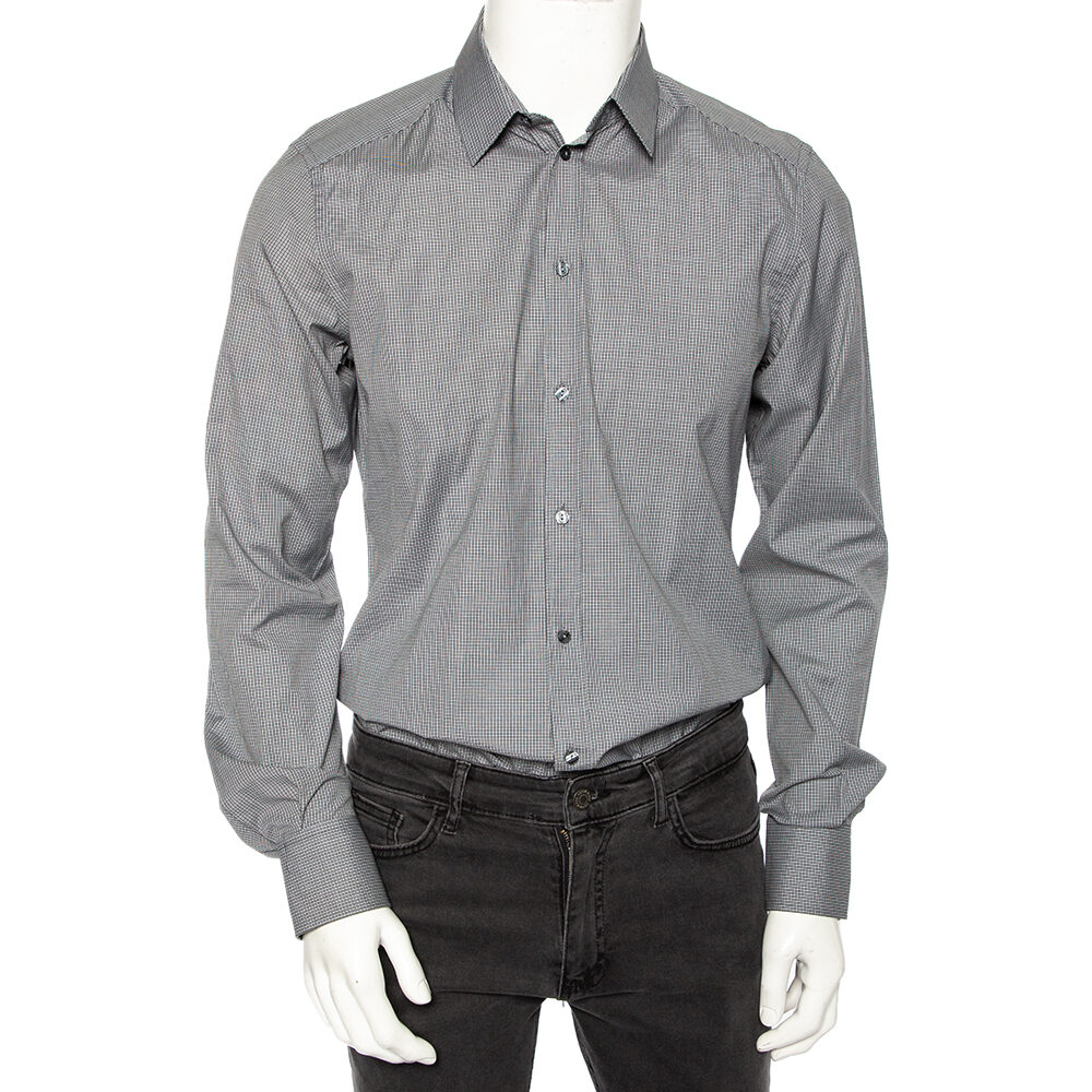 Dolce & Gabbana Grey Pin Check Cotton Front Button Shirt M Dolce & Gabbana Grey Pin Check Cotton Front Button Shirt M