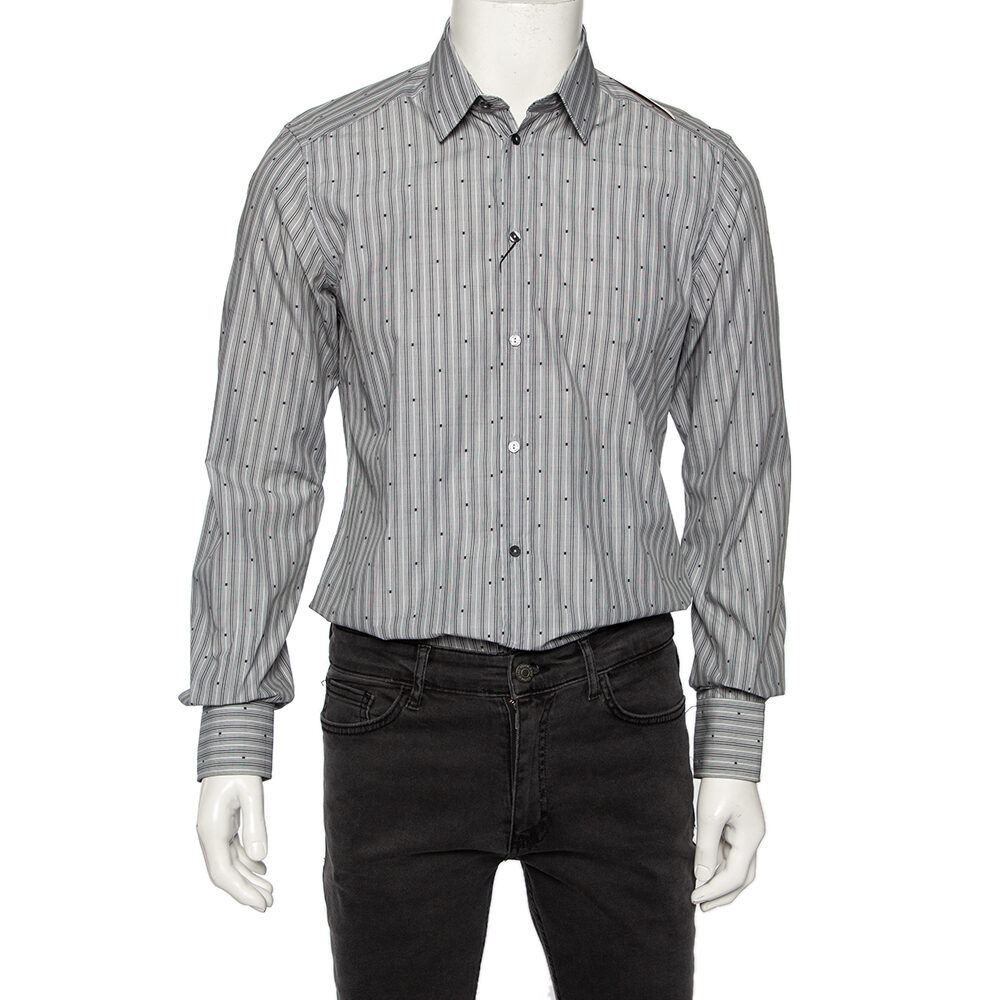 Dolce & Gabbana Grey Striped Cotton Embroidered Detail Gold Fit Shirt M Dolce & Gabbana Grey Striped Cotton Embroidered Detail Gold Fit Shirt M