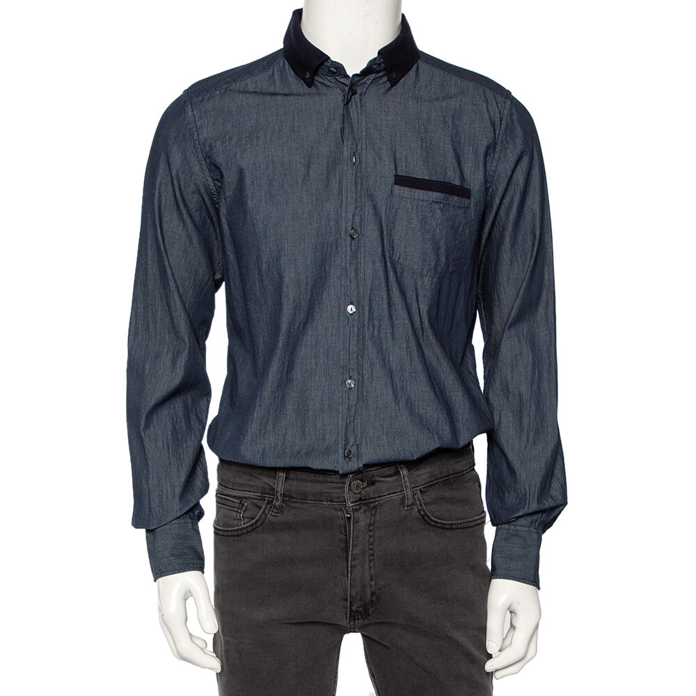 Dolce & Gabbana Chambray Cotton Knit Collar Detail Gold Label Shirt L Dolce & Gabbana Chambray Cotton Knit Collar Detail Gold Label Shirt L