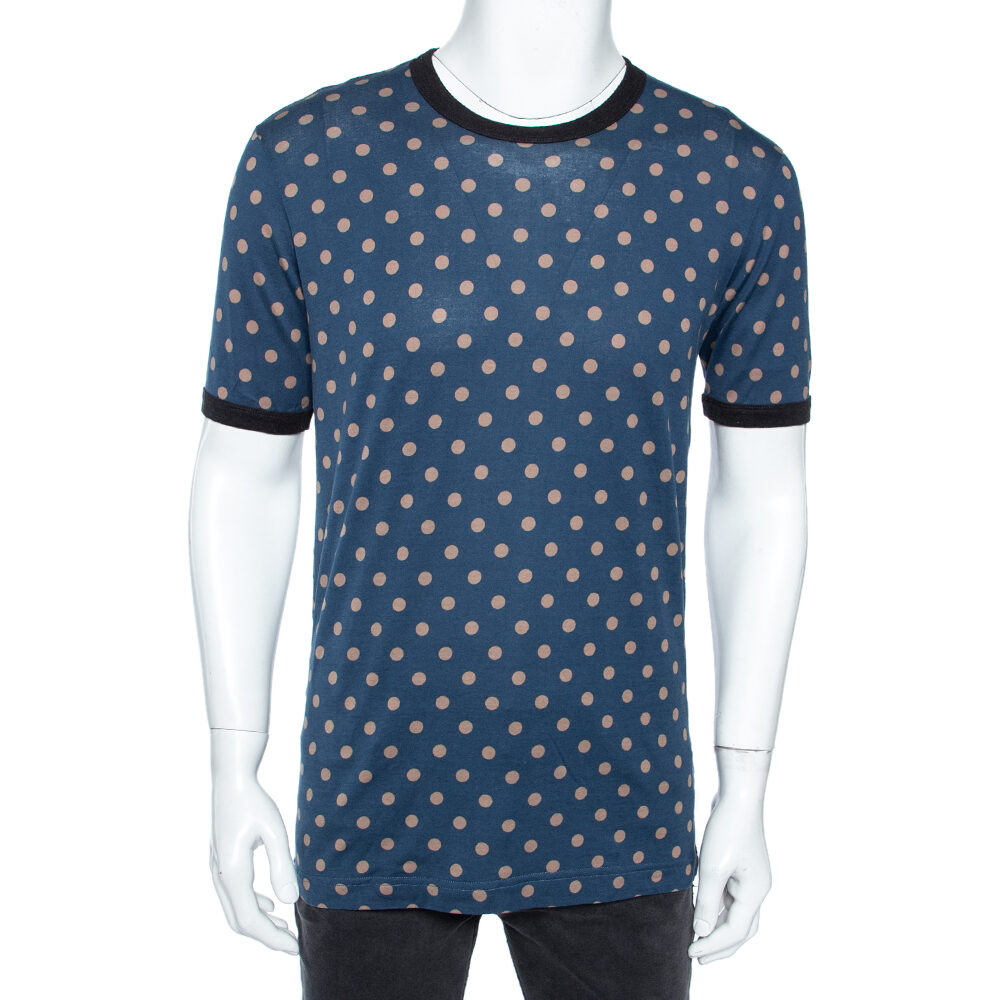 Dolce & Gabbana Navy Blue Cotton Polka Dot Crew Neck XL Dolce & Gabbana Navy Blue Cotton Polka Dot Crew Neck XL