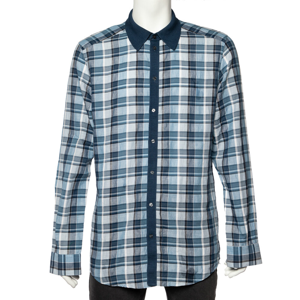 Dolce & Gabbana Blue Checkered Cotton Knit trim Gold Fit Shirt XXL Dolce & Gabbana Blue Checkered Cotton Knit trim Gold Fit Shirt XXL