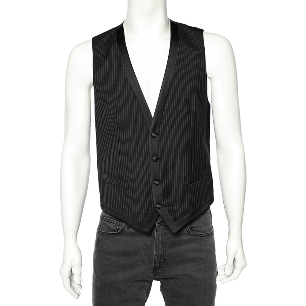 Dolce & Gabbana Black Striped Wool Button Front Vest M Dolce & Gabbana Black Striped Wool Button Front Vest M