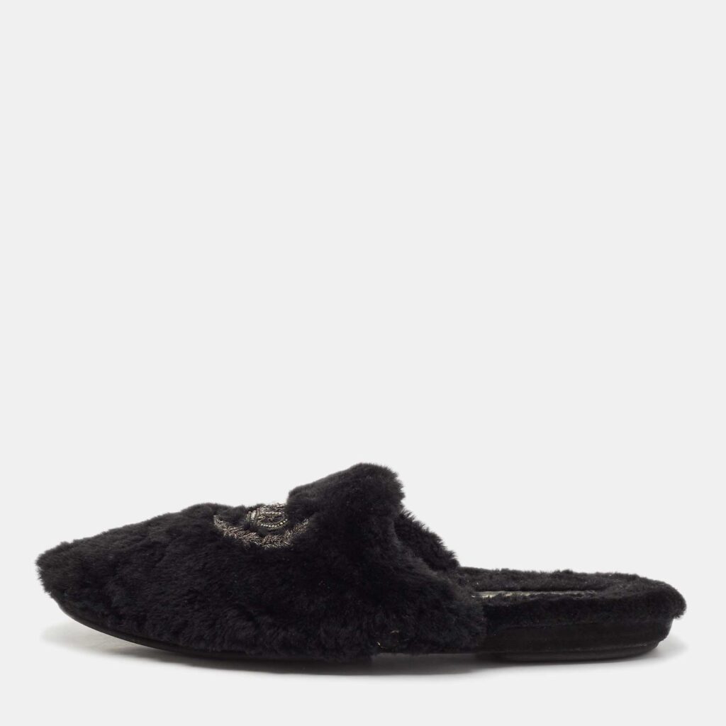Dolce & Gabbana Black Fur Crown Crystal Embellished Flat Mules Size 44