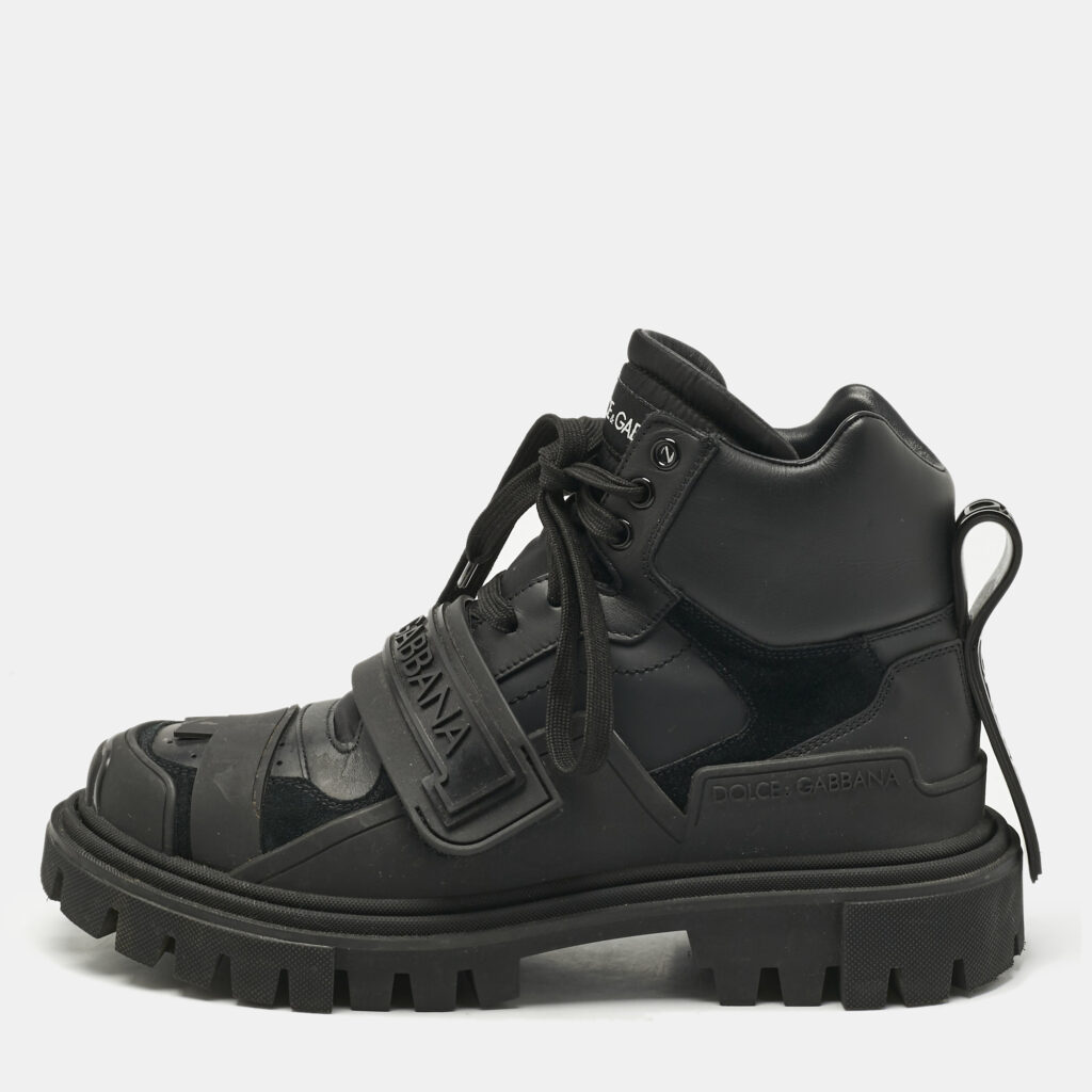 Dolce & Gabbana Black Leather and Rubber Logo Strappy Trekking Boots Size 40 Dolce & Gabbana Black Leather and Rubber Logo Strappy Trekking Boots Size 40