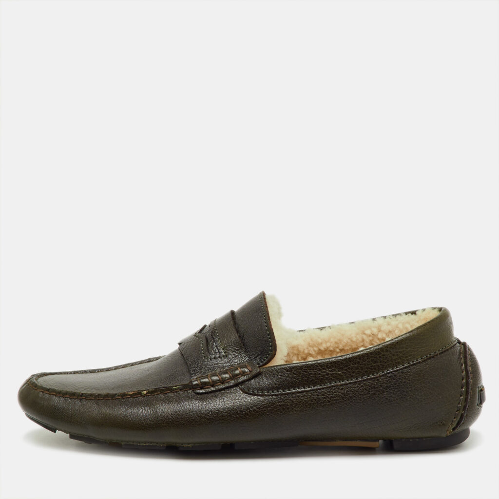 Dolce & Gabbana Olive Green Leather Shearling Fur Slip On Loafers Size 44 Dolce & Gabbana Olive Green Leather Shearling Fur Slip On Loafers Size 44
