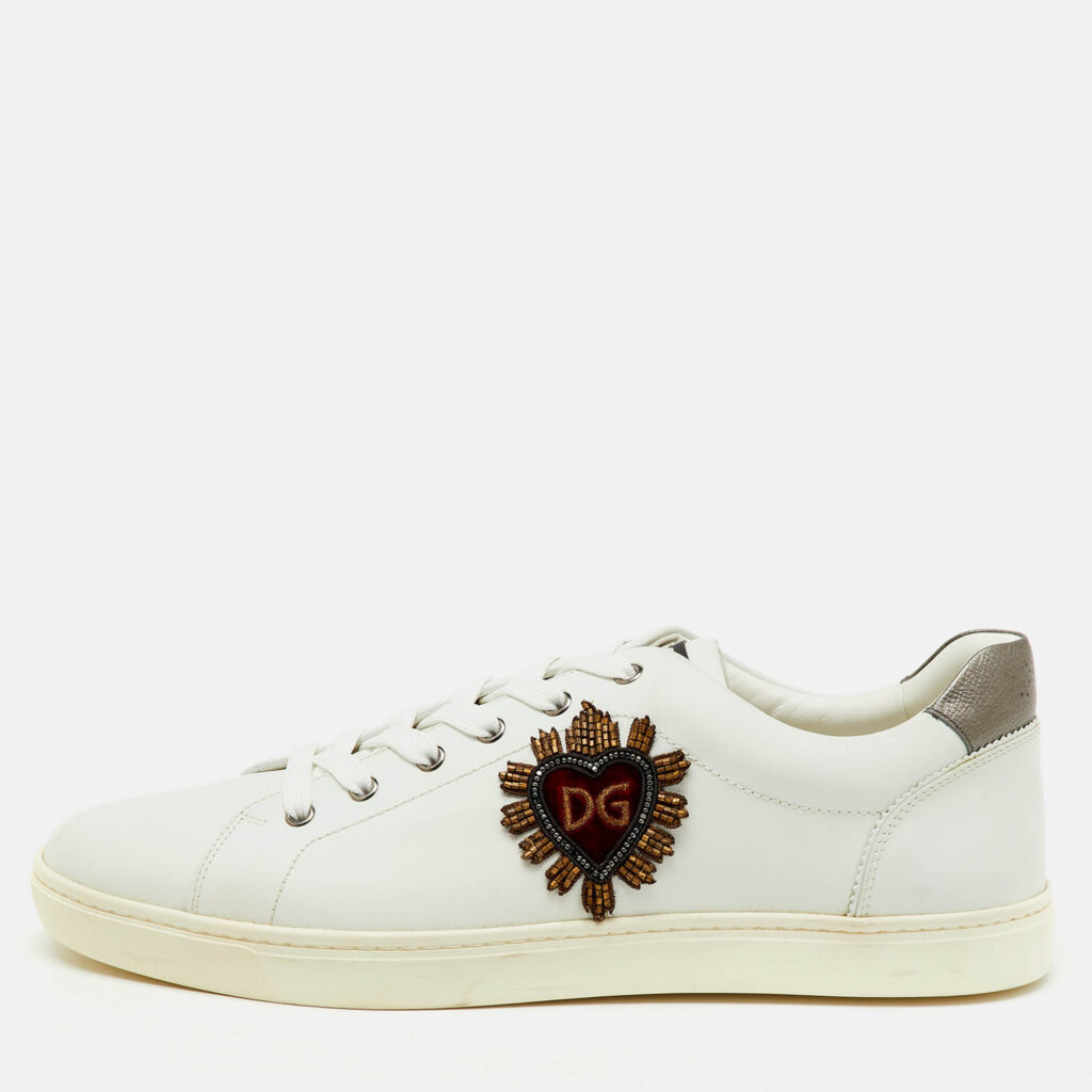 Dolce & Gabbana White Leather Embellished Heart Portofino Sneakers Size 45 Dolce & Gabbana White Leather Embellished Heart Portofino Sneakers Size 45