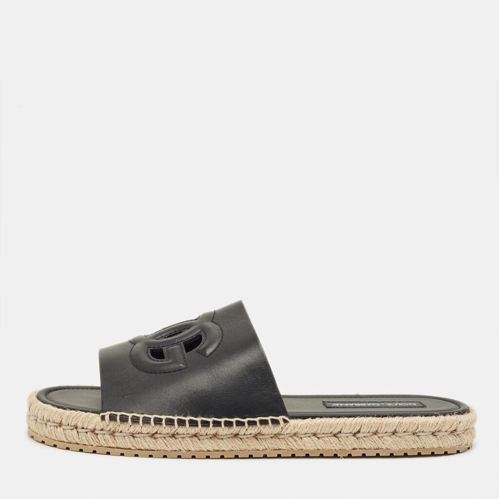 Dolce & Gabbana Black Leather Espadrille Flat Slides Size 45 Dolce & Gabbana Black Leather Espadrille Flat Slides Size 45