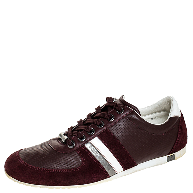 Dolce & Gabbana Burgundy Leather and Suede Metal Logo Sneakers Size 43.5 Dolce & Gabbana Burgundy Leather and Suede Metal Logo Sneakers Size 43.5