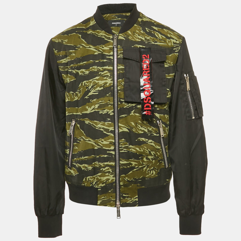 Dsquared2 Black/Green Camouflage Print Cotton & Nylon Bomber Jacket M