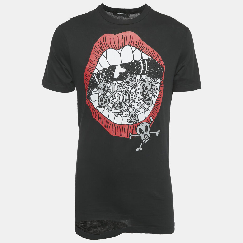 Dsquared2 Black Printed Jersey Long Cool Twisted Ripped T-Shirt S