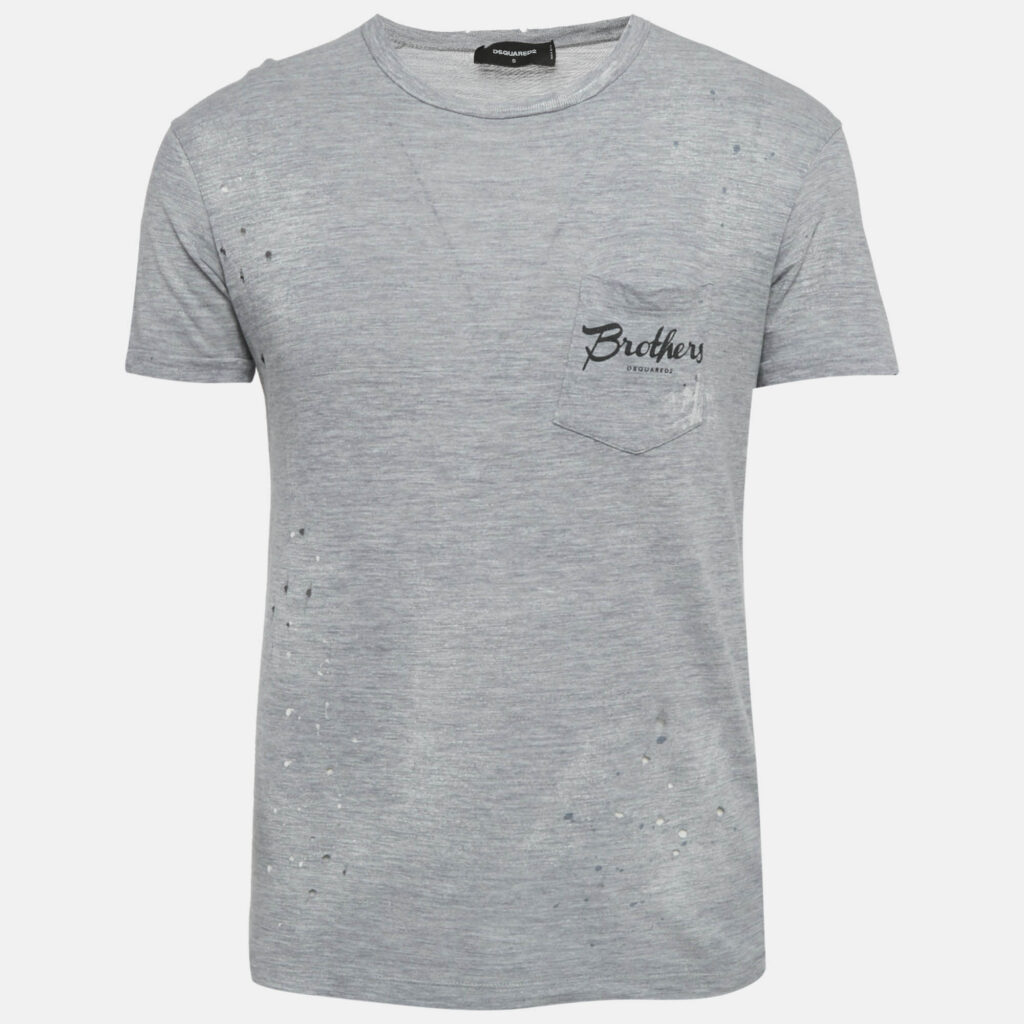 Dsquared2 Grey Printed Cotton Blend Distressed T-Shirt S Dsquared2 Grey Printed Cotton Blend Distressed T-Shirt S