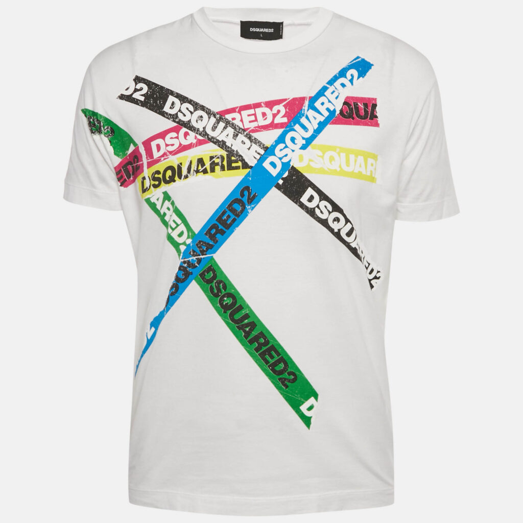 Dsquared2 White Logo Tape Print Jersey T-Shirt L Dsquared2 White Logo Tape Print Jersey T-Shirt L