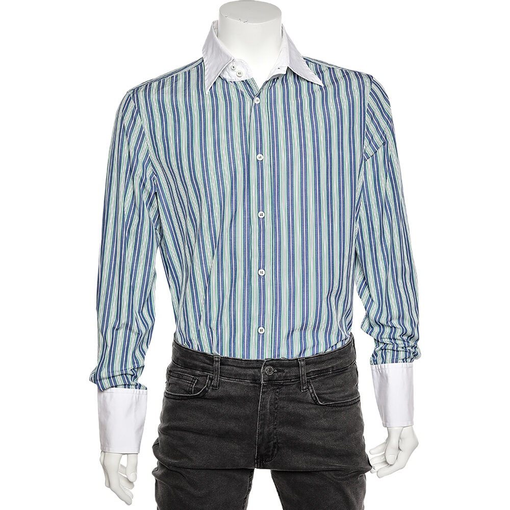 Dsquared2 Blue Striped Cotton Contrast Collar Button Front Shirt XXL Dsquared2 Blue Striped Cotton Contrast Collar Button Front Shirt XXL