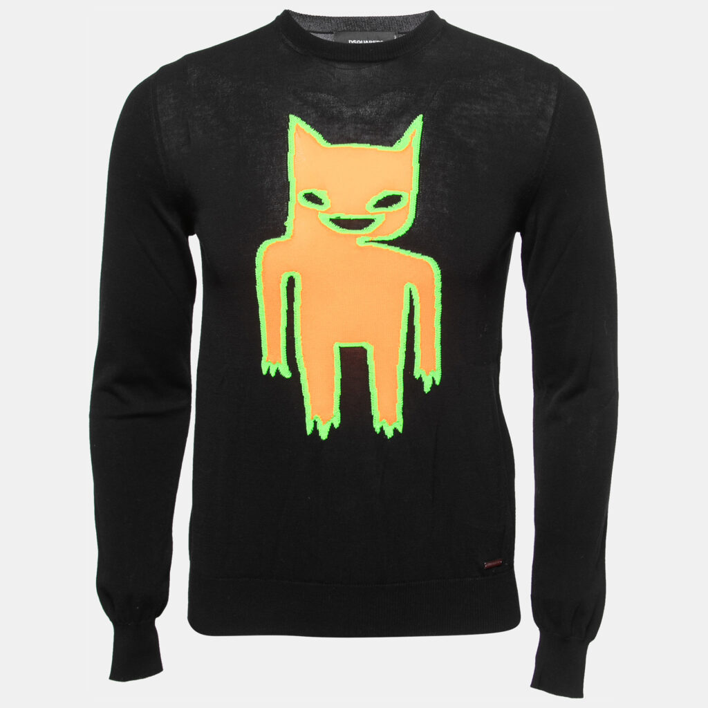 Dsquared2 Black Neon Motif Stretch Knit Crew Neck Jumper S Dsquared2 Black Neon Motif Stretch Knit Crew Neck Jumper S