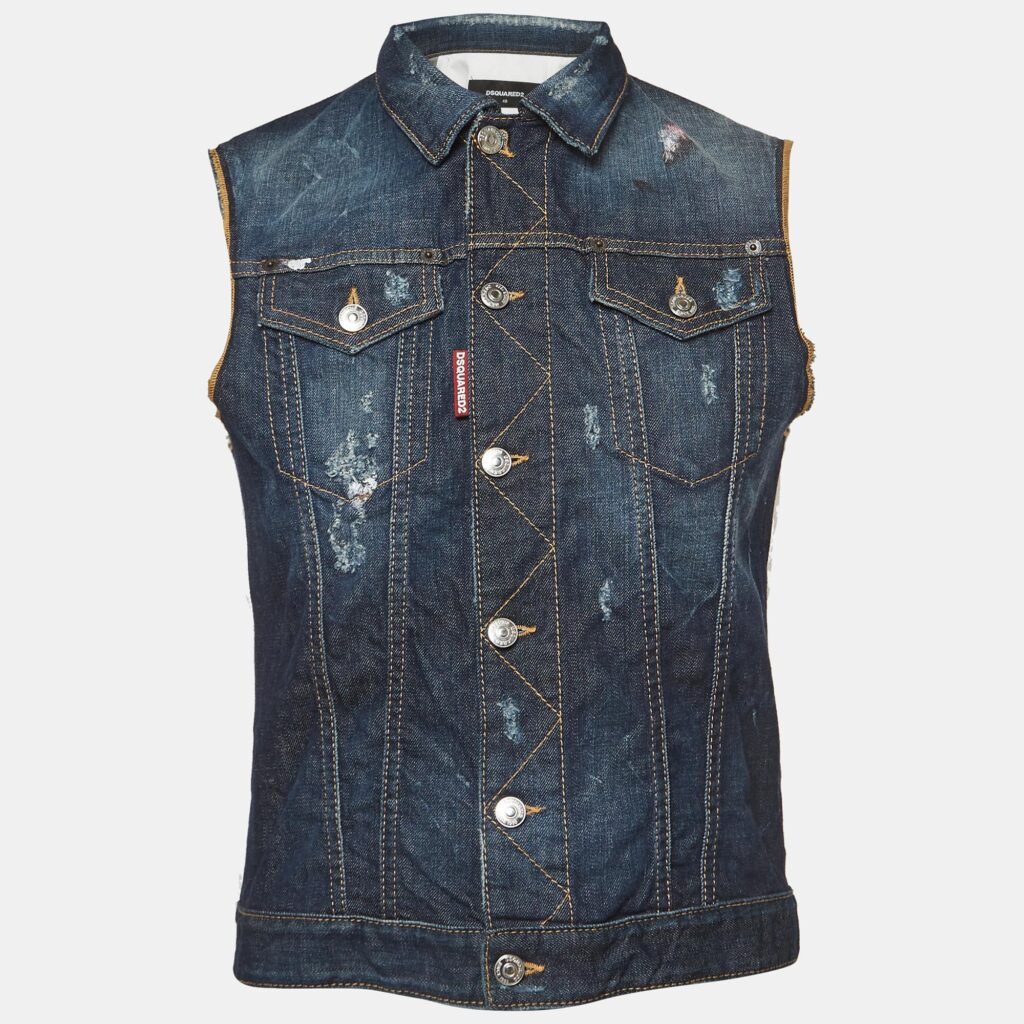 Dsquared2 Navy Blue Distressed Denim Vest M Dsquared2 Navy Blue Distressed Denim Vest M