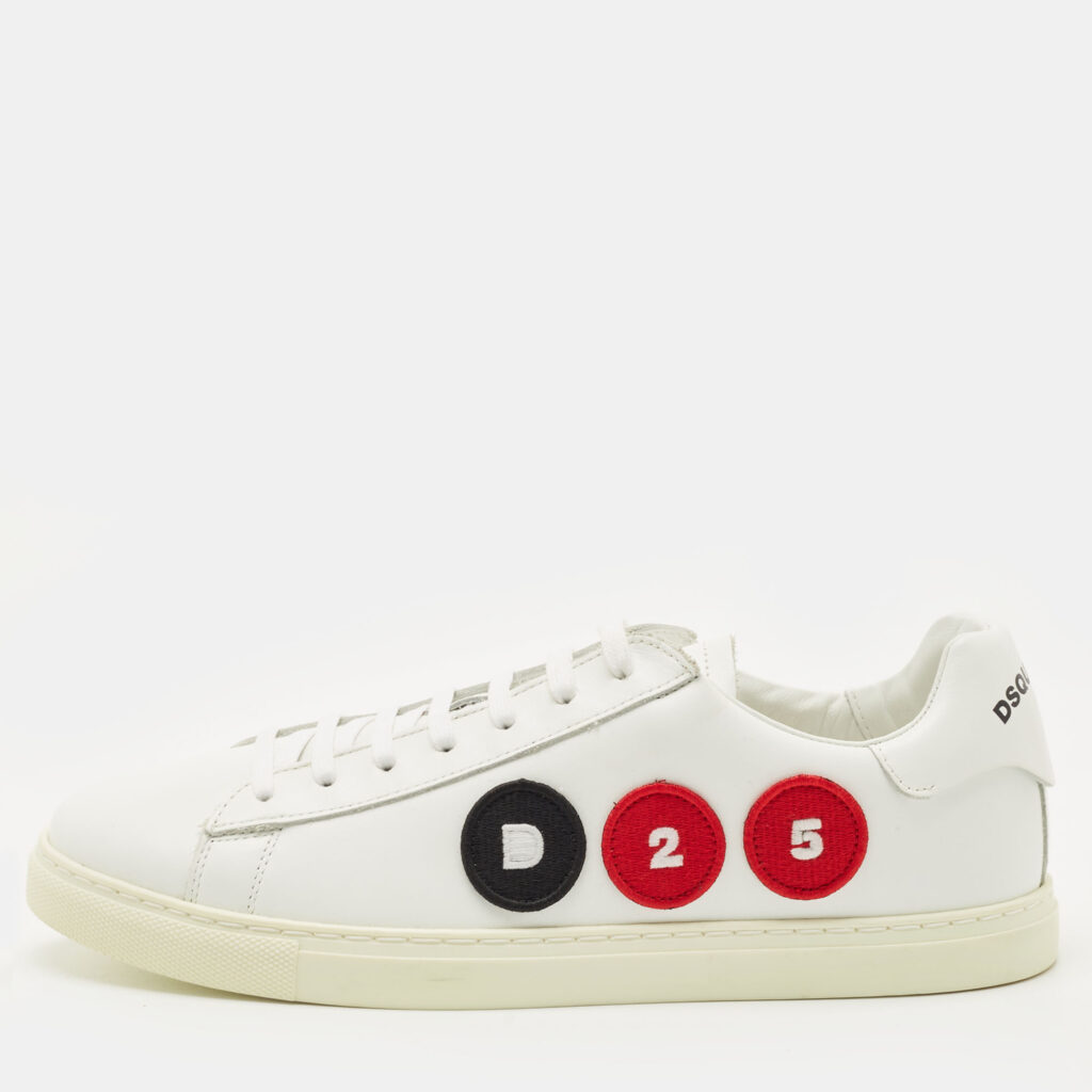 Dsquared2 White Leather Embroidered Patch Work Lace Up Sneakers Size 43