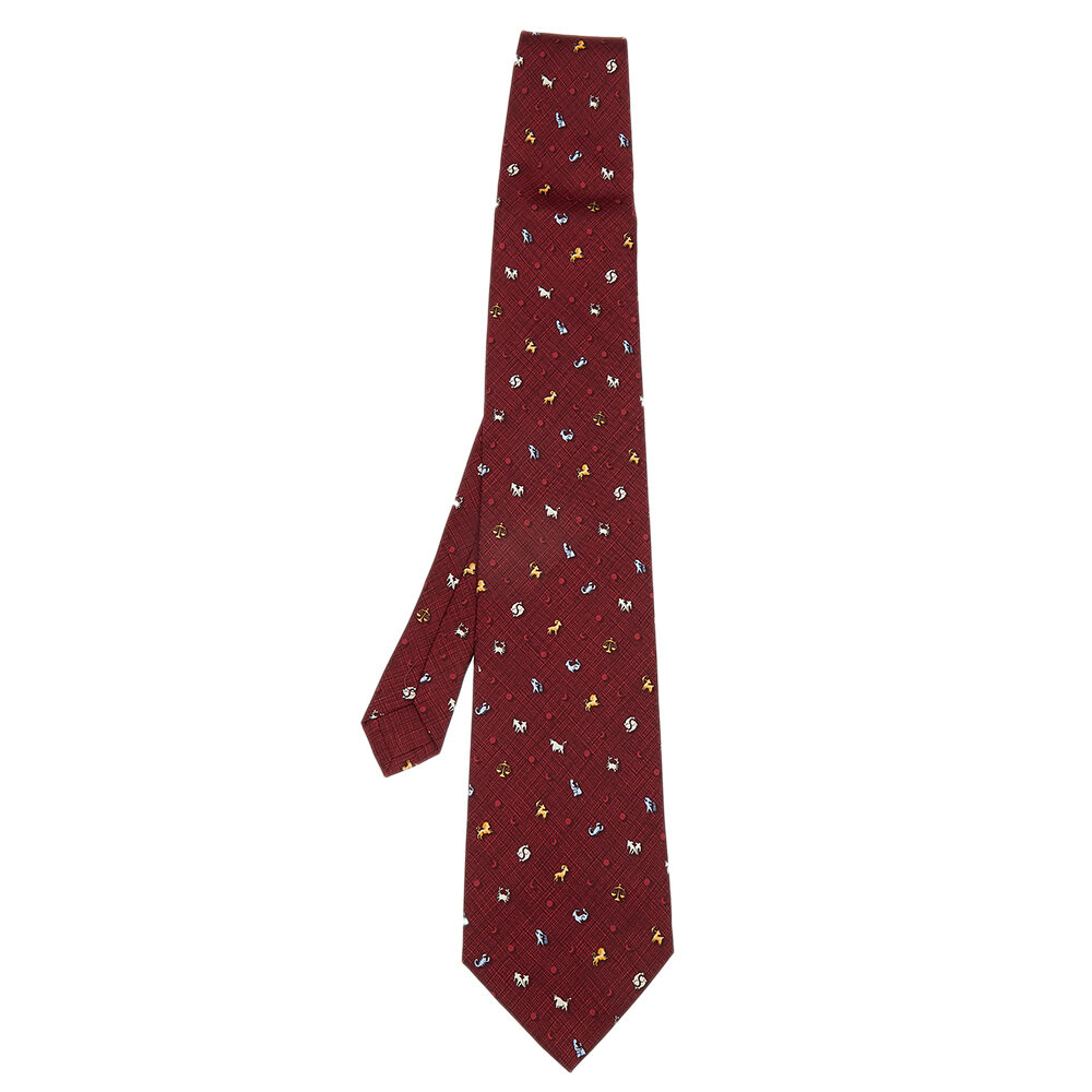 Dunhill Vintage Burgundy Zodiac Print Silk Tie
