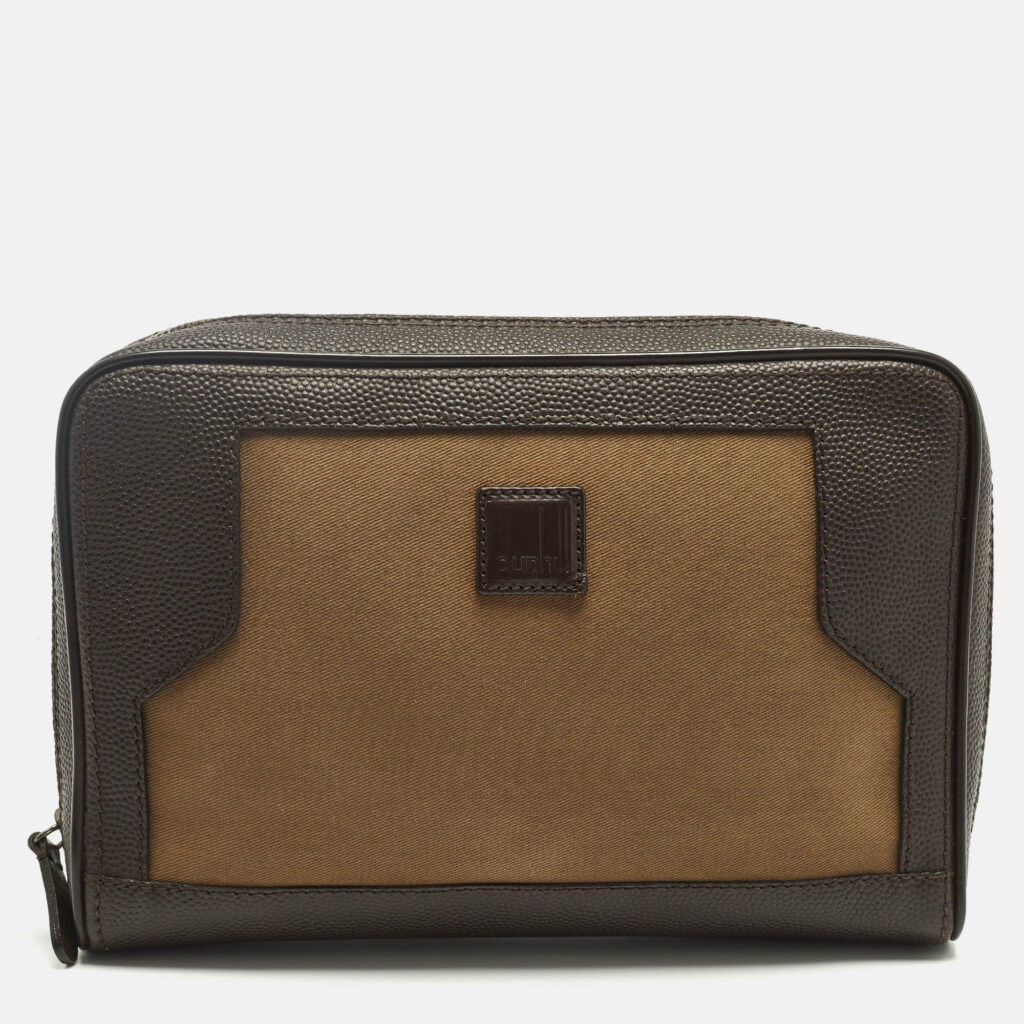 Dunhill Brown Canvas and Leather Logo Zip Pouch