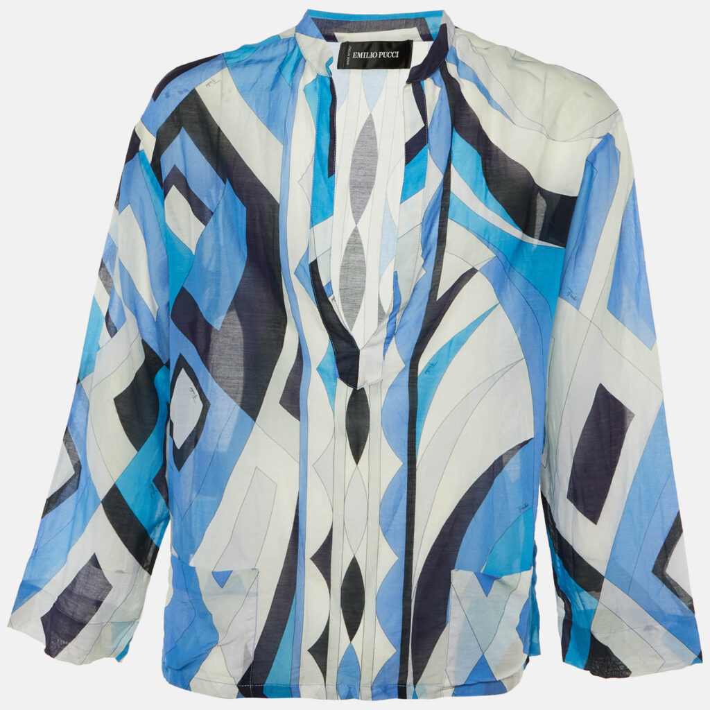 Emilio Pucci Blue Printed Cotton & Silk V Neck Shirt XL
