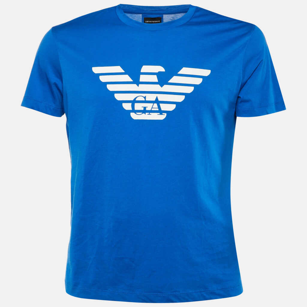 Emporio Armani Blue Logo Printed Cotton Knit T-Shirt L Emporio Armani Blue Logo Printed Cotton Knit T-Shirt L