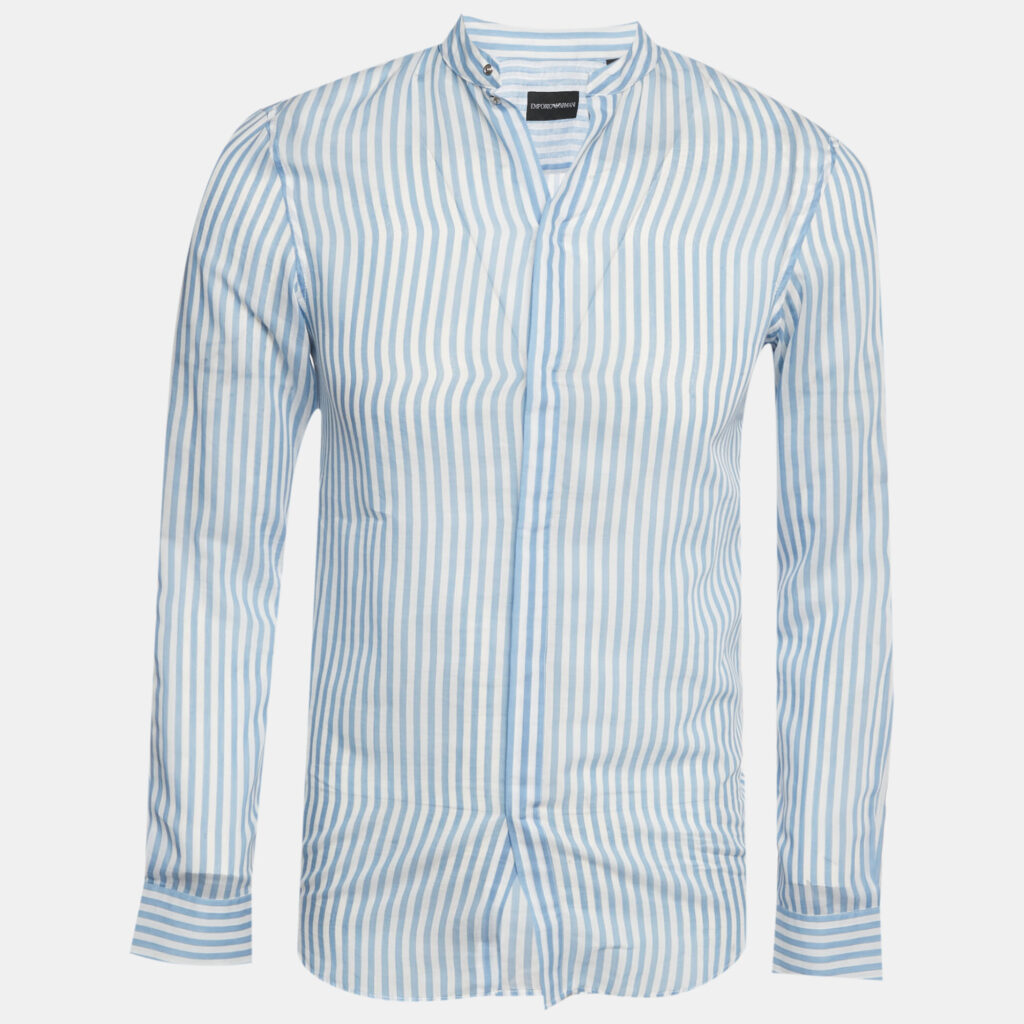 Emporio Armani Blue Striped Cotton Blend Madeiran Collar Shirt S Emporio Armani Blue Striped Cotton Blend Madeiran Collar Shirt S