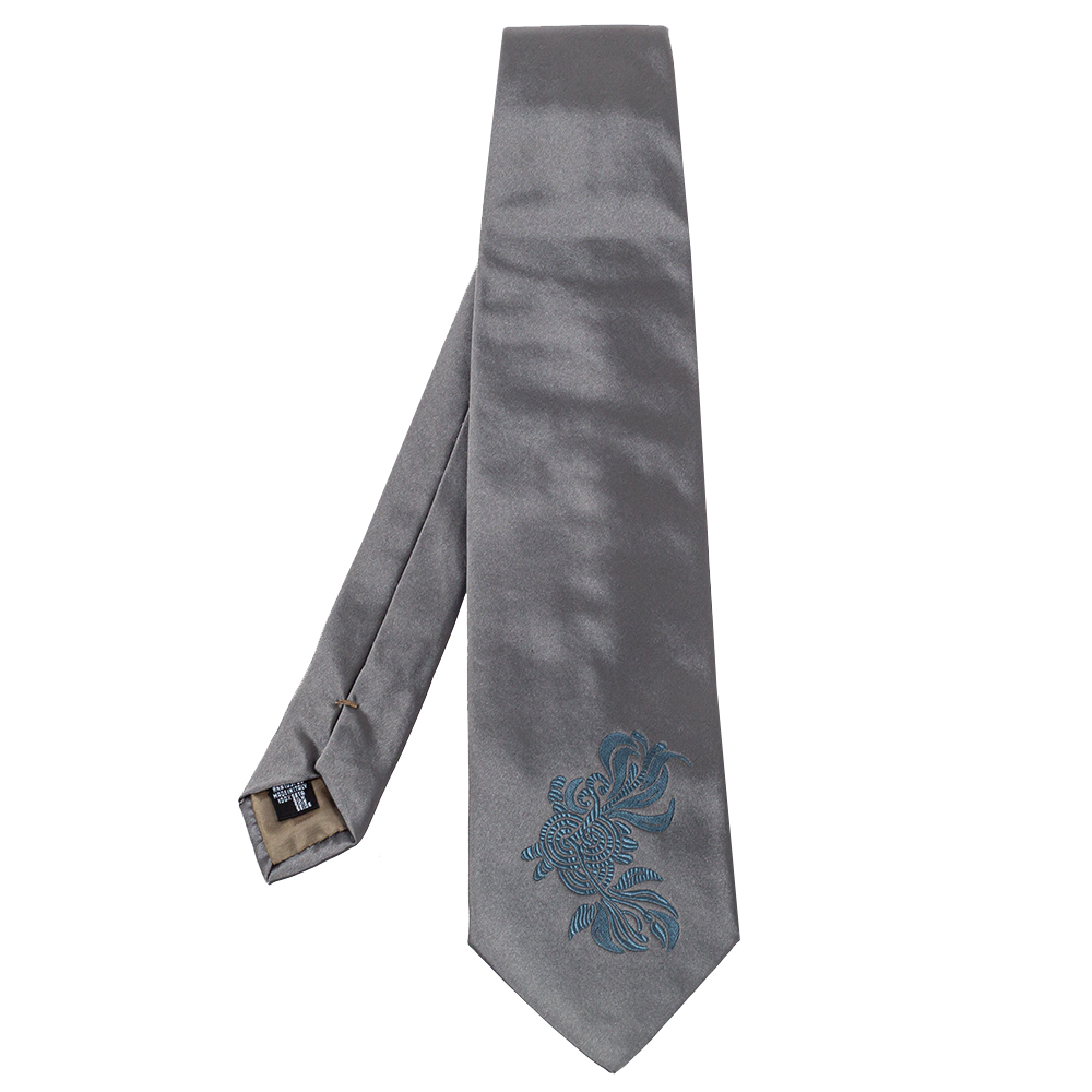 Emporio Armani Grey Floral Detail Silk Traditional Tie Emporio Armani Grey Floral Detail Silk Traditional Tie
