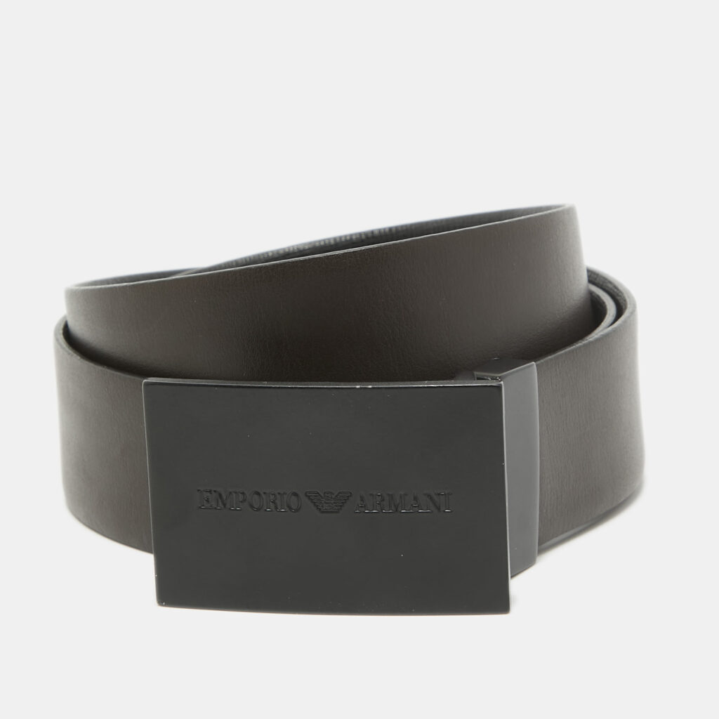 Emporio Armani Black/Choco Brown Leather Reversible Cut to Size Buckle Belt
