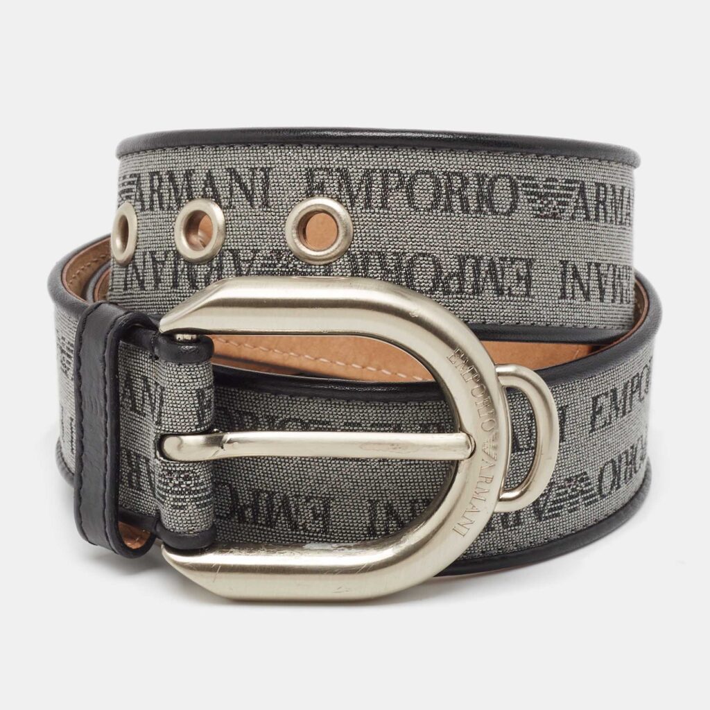 Emporio Armani Grey/Black Logo Print Fabric and Leather Buckle Belt Emporio Armani Grey/Black Logo Print Fabric and Leather Buckle Belt