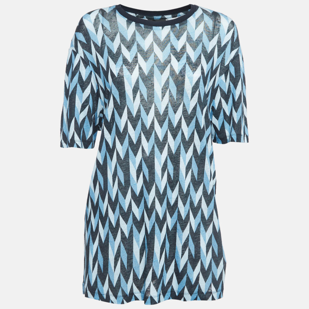 Emporio Armani Blue Printed Linen Knit Crew Neck T-Shirt S