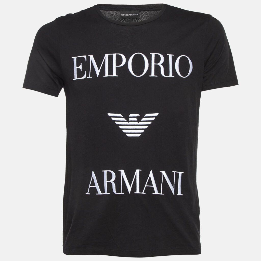 Emporio Armani Black Logo Embroidered Cotton Crew Neck T-Shirt M Emporio Armani Black Logo Embroidered Cotton Crew Neck T-Shirt M
