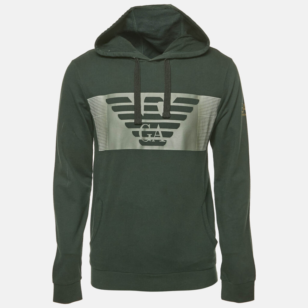 luxury-men-emporio-armani-used-clothes-p1186676-001-1.jpg Emporio Armani Green Logo Print Cotton Hoodie M