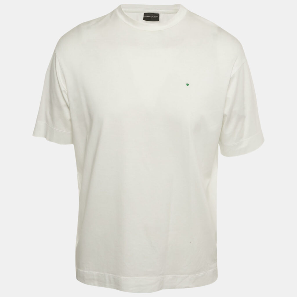 Emporio Armani White Logo Embroidered Cotton Crewneck T-Shirt S Emporio Armani White Logo Embroidered Cotton Crewneck T-Shirt S