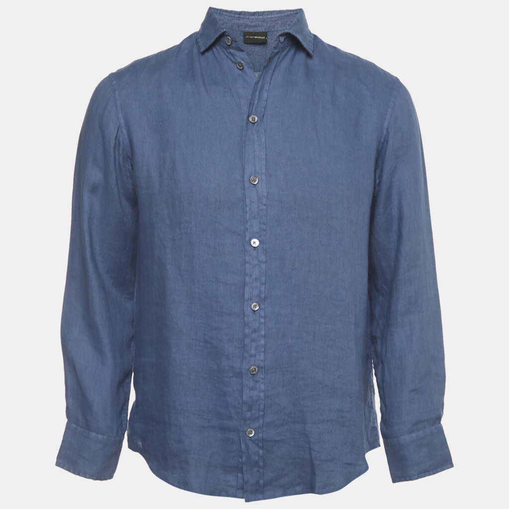 Emporio Armani Blue Linen Full Sleeve Shirt S Emporio Armani Blue Linen Full Sleeve Shirt S